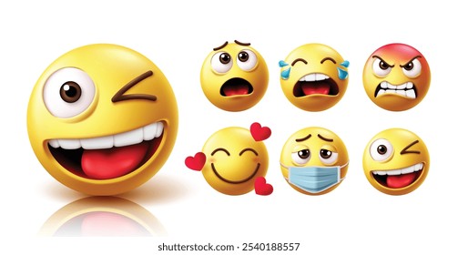 Emoji-Winking-Gesichtszeichensatz, Vektorsatz. Emojis Augenzwinkern, Blinzeln und süßes Gesicht Emoticon mit Schock, Weinen, wütend, in der Liebe, krank und zwinkernden Gesichtsausdruck Kollektionselemente auf weißem Hintergrund. 