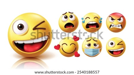 Emoji winking face character vector set. Emojis wink, blink and cute face emoticon with shock, crying, angry, in love, sick and winking facial expression collection elements in white background. 