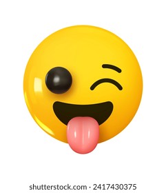 Emoji Winking face with tongue out. Emotion 3d cartoon icon. Yellow round emoticon. Vector illustration