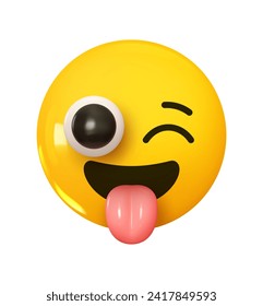 Emoji Winking face with tongue out. Emotion 3d cartoon icon. Yellow round emoticon. Vector illustration