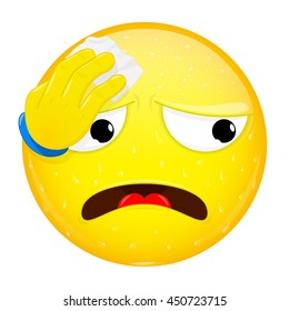 Emoji wipes the sweat with a handkerchief. Hard work, heat, workout emotion. Perspire emoticon. Vector illustration smile icon.