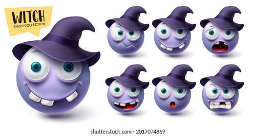 Emoji witch vector set. Emojis halloween character icon collection isolated in white background for graphic design elements. Vector illustration
