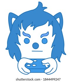 emoji wolf holding a retro gamepad and playing a video game, simplistic facial expression vector illustration, simple hand drawn emoticon, funny cartoon character