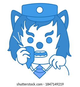 emoji with wolf security or surveillance watchman, train station dispatcher or traffic controller in uniform, white collar shirt and a tie shouting into a loudspeaker while squeezing cord in anger