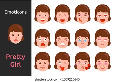 Emoji with Woman emotional faces big set isolated. Female cartoon character emoticons drawn in flat vector illustration. Emoticon stickers with cartoon girl character