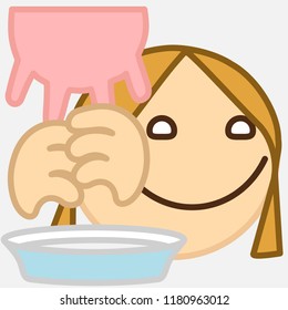 Emoji With Woman Milker That Is Hand Milking A Cow Or Goat Udder Teats With Her Fingers To Squirt The Milk Into A Bucket, Simple Colored Emoticon, Simplistic Colorful Pictogram, Primitive Vector Art