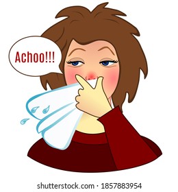 emoji woman says achoo, sneezes her snots or blows her nose using a handkerchief, facial expression vector illustration, hand drawn emoticon, funny cartoon character