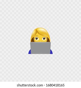 Emoji Woman working laptop. Freelance. Woman with laptop icon. Isolated. Vector