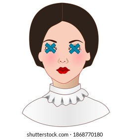 emoji woman with x-like dead eyes and neutral face, funny cartoon character with simplistic facial expression, simple hand drawn vector emoticon 