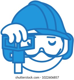 emoji with worker with jackhammer demolishing concrete or asphalt, man wearing protective casque, safety glasses & headphones, simple hand drawn emoticon, ball or circle shaped face, eps 10