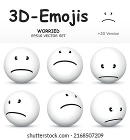 Emoji with Worried  Troubled Facial Expressions  in 6 Different 3D Perspectives -  EPS10 Vector Collection
