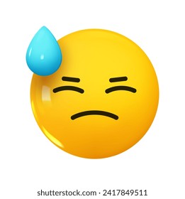 Emoji wrinkled face straining and a drop of sweat from the forehead. Emotion 3d cartoon icon. Yellow round emoticon. Vector illustration