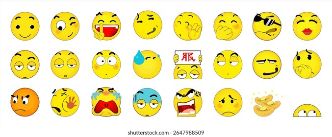 Emoji yellow face set. Icons Emoticons collection. Kit of emoji signs. Cartoon faces expressing different feelings. Big Set high quality vector cartoonish emoticons. Vector 10 eps.
