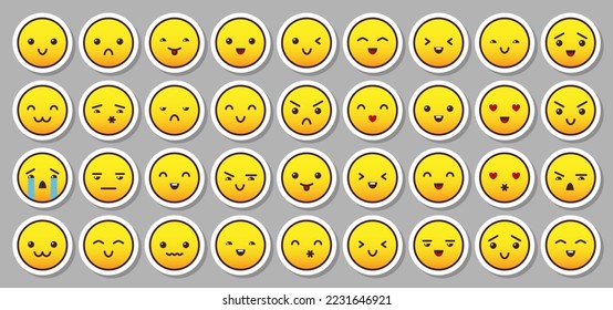 Emoji yellow flat cartoon sticker big set. Children emotion icon. Comic cute symbol. Cheerful face sign. Circle faces expression message pictogram collection. Smile funny chat icons