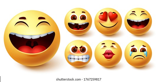 Emoji Yellow Vector Set. Emoji Emoticon Yellow Cute Faces In Happy, Cute, In Love, Laughing, Crying And Angry Facial Emotion For Emoji Icon Collection Design. Vector Illustration.
