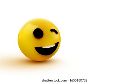 Emoji yellow winking face. Funny cartoon emoticon icon. 3D illustration for chat or message. Vector illustration