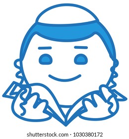 emoji with young jewish boy reading the book of torah, orthodox jew wearing brimless kippah or yarmulke hat with paces, simple hand drawn emoticon, ball or circle shaped face, eps 10