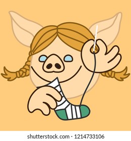 emoji with young pig woman or girl with pigtails that is knitting or darning striped sock using needle, simple hand drawn emoticon, simplistic colorful picture, vector art with pig-like characters