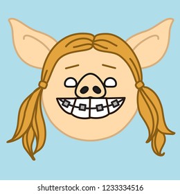 emoji with young smiling blonde teen pig girl with brackets on teeth, simple hand drawn emoticon, simplistic colorful picture, vector art with pig-like characters