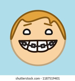 emoji with young smiling teen boy with brackets on teeth, simple colored emoticon, simplistic colorful pictogram, ball like personage with thick outlines, funny cartoon character from a set