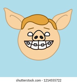 emoji with young smiling teen pig boy with brackets on teeth, vector emoji drawn by hand in color, simplistic colorful picture, simple handdrawn illustration