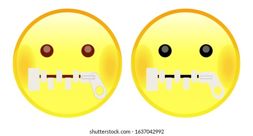 Emoji Zipper Mouth Face. A yellow face with simple, open eyes and a closed zipper for a mouth. Illustration icon vector emoticon zipper flat design on a white background.