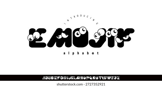 Emojif Font es una fuente de pantalla de burbujas juguetona con Formas redondeadas audaces y detalles de ojos lindos, perfecto para la marca de los niños, pegatinas, carteles divertidos y logotipos extravagantes.