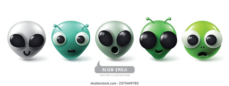 Emojis alien emoticons characters vector set. Emoji emoticons aliens, monster, creature in happy, smiling, cool and funny facial expression. Vector illustration emojis alien icon collection. 
