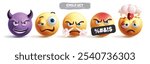 Emojis angry emoticon characters vector set. Emoji emoticon character in evil, drunk, mad, explode, tired and devil facial expression in white background. Vector illustration 3d yellow emoticons 