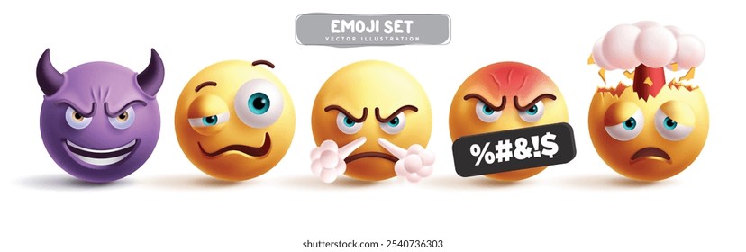 Emojis angry emoticon characters vector set. Emoji emoticon character in evil, drunk, mad, explode, tired and devil facial expression in white background. Vector illustration 3d yellow emoticons 