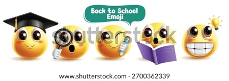 Emojis back to school characters clipart set. Back to School emoji 3d character clip art wearing mortarboard, magnifying glass and book with winking, searching and curious facial expression vector