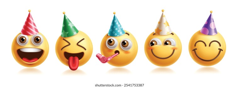 Emojis personajes de cumpleaños emoticon conjunto de Vectores. Emoticonos de cumpleaños personaje en feliz, emocionado, travieso, sonriente, curioso y divertido con sombrero de fiesta de Elementos gráficos en 3D personaje. Ilustración vectorial