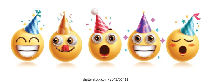 Emojis aniversários caracteres emoticon conjunto de vetores. Personagem de aniversário Emoticons em feliz, brincalhão, travesso, chocado, com fome e engraçado vestindo o personagem de elementos gráficos 3D chapéu de festa. Ilustração vetorial 