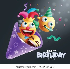 Projeto clipart de aniversário Emojis. Feliz aniversário emoji palhaço personagens em violeta cone forma festa chapéu elemento decoração. Emoticons de ilustração de vetor para clip-art de palhaço. 
