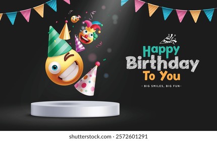 Emojis birthday clipart design. Happy birthday emoji characters in podium stage with greeting text for party celebration background. Vector illustration emoticons character clip art. 
