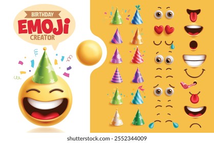 Emojis Geburtstagskreation Kit Clipart Set. Geburtstag Emoji-Charakter mit glücklich lächelndem Gesicht, Augen, Mund und Party Hut Sammlung für Gesichtsausdruck mock up. Kit zur Erstellung von Vektorgrafiken