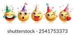 Emojis birthday emoticon characters vector set. Emoticons birthday character in happy, playful, naughty, funny, smiling and kiss wearing party hat 3d graphic elements character. Vector illustration 