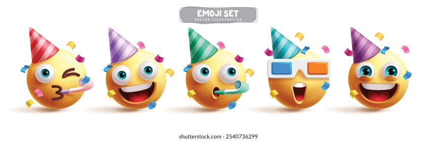 Emojis birthday emoticon characters vector set. Emoji emoticon character in happy, clown, smiling, mascot, costume wearing colorful party hat in white background. Vector illustration yellow emoticons 