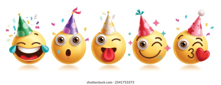 Conjunto de Vector de personajes de emoticonos de cumpleaños de emojis. Emoticonos de cumpleaños de carácter feliz, juguetón, travieso, divertido, sonriente y beso con sombrero de fiesta de Elementos gráficos en 3D. Ilustración vectorial 