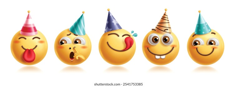 Conjunto de Vector de personajes de emoticonos de cumpleaños de emojis. Emoticonos de cumpleaños personaje en feliz, travieso, tonto, aburrido, lamer, sonriente y emocionado usando colorido sombrero de fiesta 3d gráfico Elementos personaje. Vector