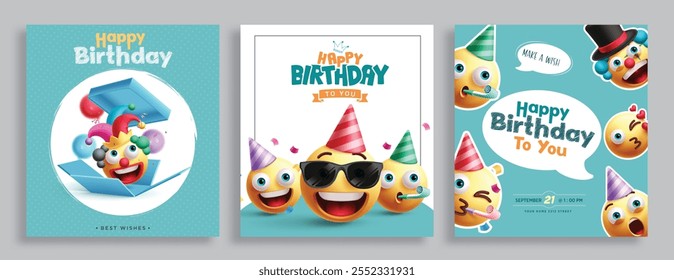 Conjunto de póster de Clipart de felicitación de cumpleaños de emojis. Personajes emoji de feliz cumpleaños para saludo, deseos y fondo de colección de tarjeta de invitación. Ilustración vectorial feliz arte de Clip emoticono. 
