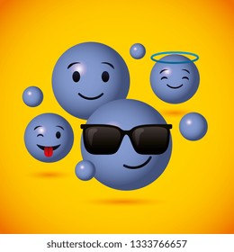 Emojis blue round faces yellow background vector digital illustration image