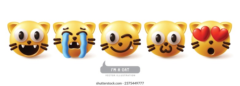 Emojis Katze Emoticon Charaktere Vektorset. Emoji Emoji Emoji Emoticons Gesichtsausdruck in fröhlicher, weinender, weinender, lustiger und verliebter Kitten-Charaktersammlung. Vektorgrafik Emojis Cat Icon Sammlung.
