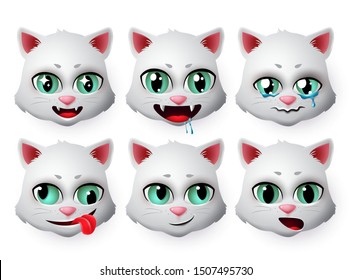 Emojis cat vector set. Cute cats face emoticons and icon in hungry and crying emotion for signs and symbols isolated in white background. Vector illustration 3d realistic.