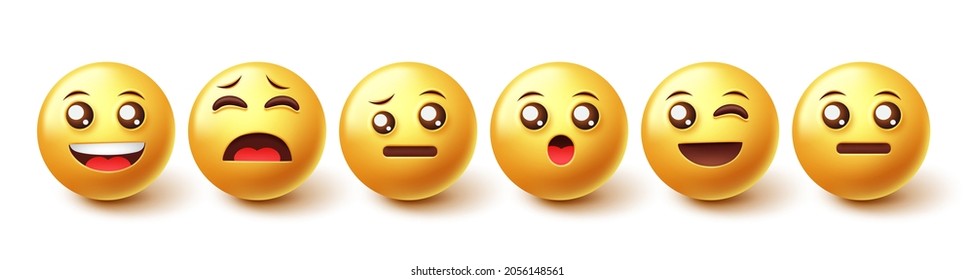 Emojis character vector set. Emoji emoticons in 3d collection with cute, happy and smiling emoticon characters for face mood and expression graphic design. Vector illustration.
