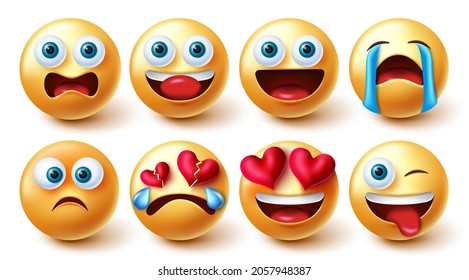 Emojis character vector set. Emoji characters funny, in love, upset and crying isolated in white background for emoticon facial reaction and expression 3d collection graphic design.