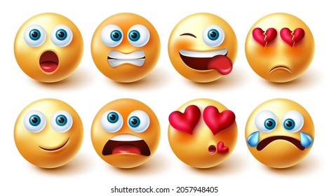 Emojis character vector set. Emoji in yellow face with funny and in love faces collection for emoticon graphic facial reaction and expressions design. Vector illustration.
