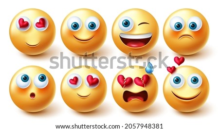Emojis character vector set. Emoji 3d in happy and inlove facial reactions and expression isolated in white background for yellow emoticon graphic elements design. Vector illustration.
