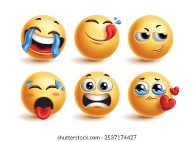 Emojis Zeichen Emoticon Set Vektor. Emoji Emoticon gelber runder Charakter in fröhlichem, weinendem, zufriedenem, inspiriertem, schwitzendem und gebrochenem Herzen Gesichtsausdruck auf weißem Hintergrund. Vektorgrafik 