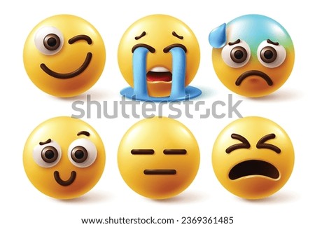 Emojis characters emoticon set vector. Emoji emoticon yellow round character in winking, crying, sick, lonely and hurt facial expression white background. Vector illustration graphic icon collection.
